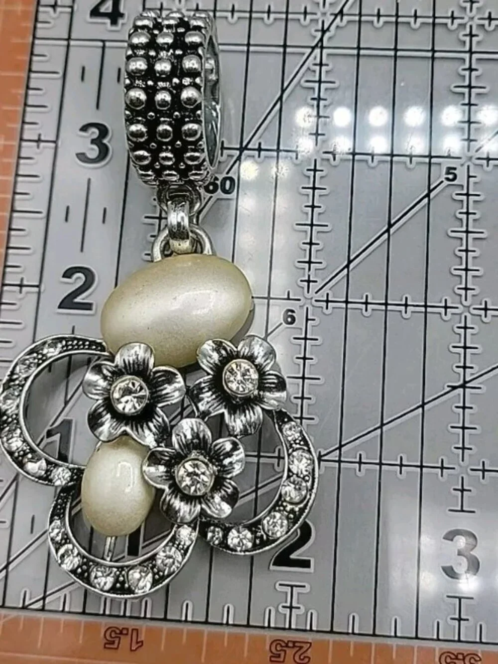 Vintage Silver-Tone Floral Scarf Slide with Faux Pearls & Clear Rhinestones